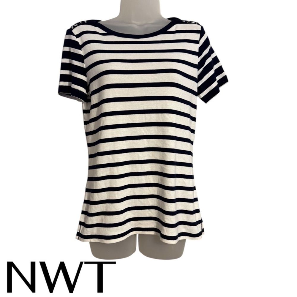 NWT Kim Rogers Navy/White Striped Casual Summer Top SMALL #Z